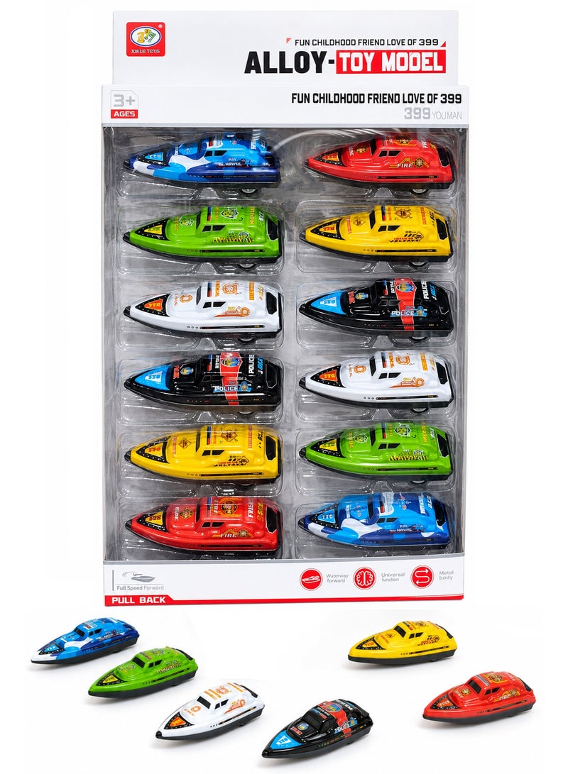 12-Piece Pull-Back Speedboat Toy Set – Colorful Alloy Toy Boat Models with Display Box, Pull Back Action, Metal Body & Fun Kids Play Collection