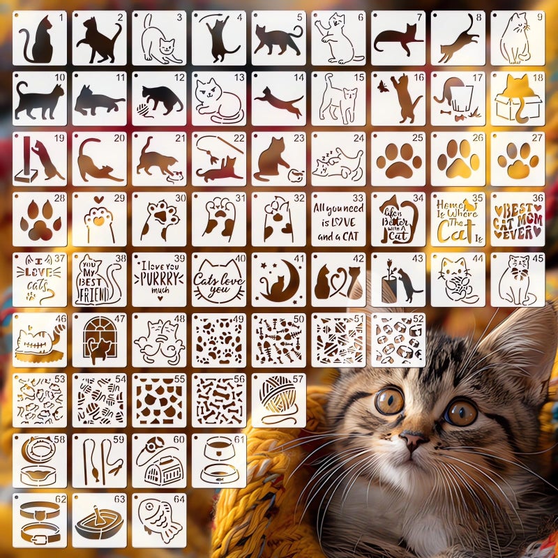Felixcraft Cute Cat Stencils for Painting, 64PCS 3 Inch Cat Theme Patterns - Reusable Animal Stencils for Crafts on Canvas, Wood, Glass & More - Image 1