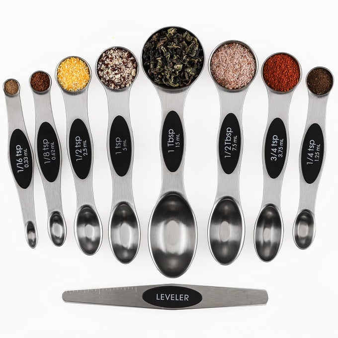 MAGNETIC MEASURING SPOONS SET OF 9 STAINLESS STEEL STACKABLE DUAL SIDED TEASPOON TABLESPOON FOR MEASURING DRY AND LIQUID INGREDIENTS FITS IN SPICE JARS