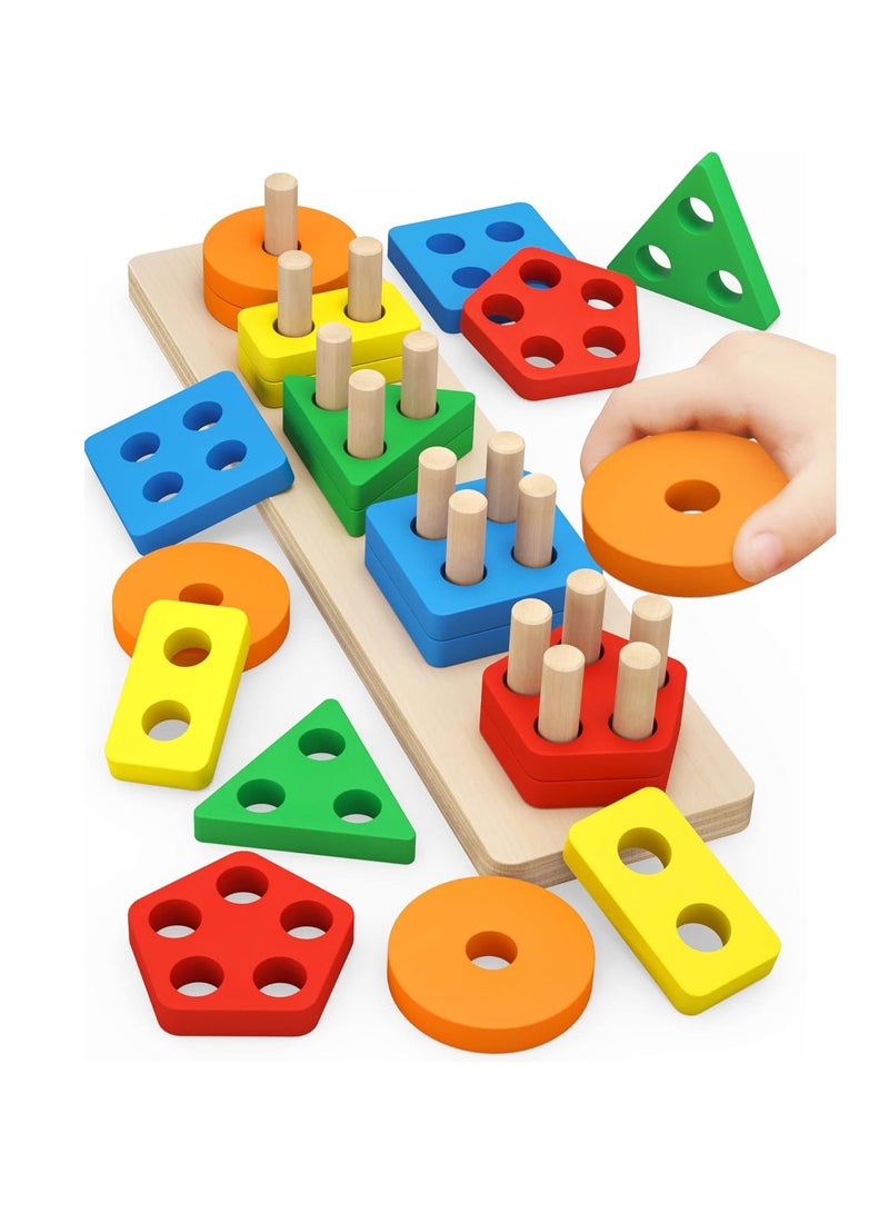 PEBIRA Montessori Toys for 1 to 3-Year-Old Boys Girls Toddlers, Wooden Sorting & Stacking Toys for Toddlers and Kids Preschool, Educational Toys, Color Recognition Stacker Shape Sorter, Learning Puzzles Gift  - Image 1