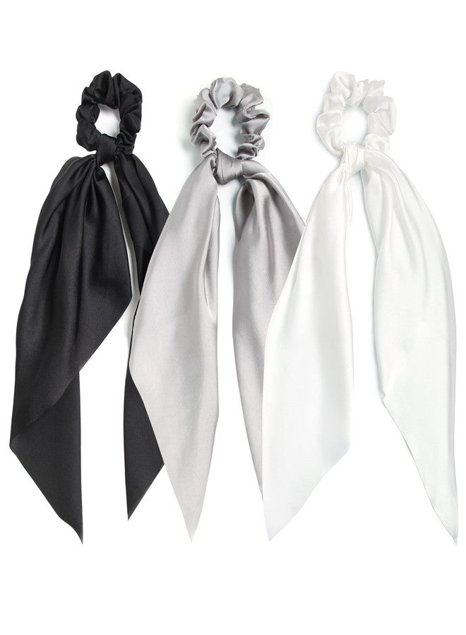 LFOUVRE 3PCS Hair Scarf Scruncheis for Women Knotted Bow Hair Ties Elastic Bands Satin Hair Ribbon Scrunchy Red Ponytail Holder for Women and Girls (Black White Gray) - Image 1