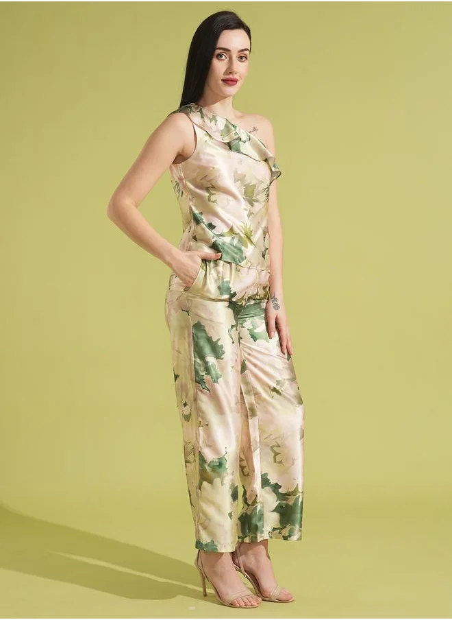 globus Globus Satin Floral Print Ruffled Top and Trousers Co-Ords