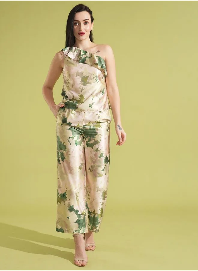 globus Globus Satin Floral Print Ruffled Top and Trousers Co-Ords