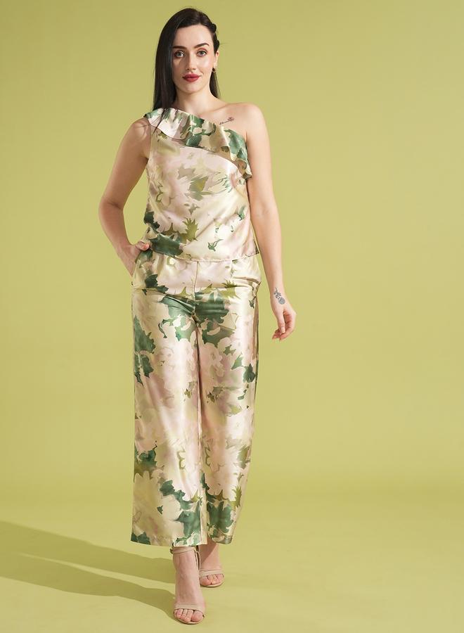 Globus Satin Floral Print Ruffled Top and Trousers Co-Ords - Image 1