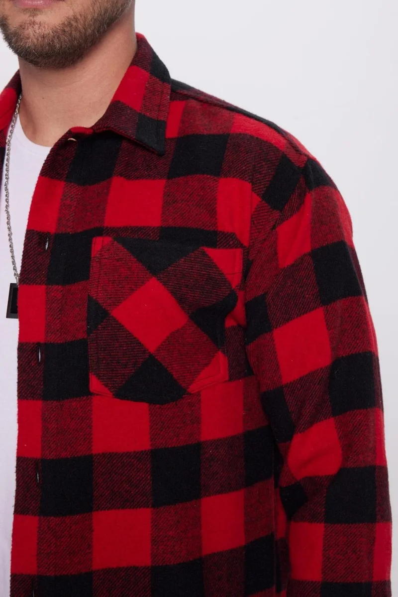 تودورس Relax Fit Casual Cut Single Pocket Checkered Winter Lumberjack Apron Collar Shirt