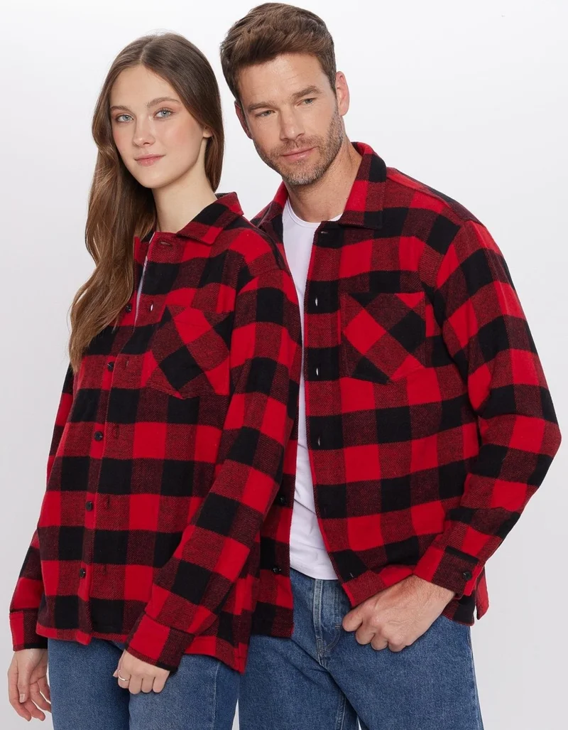 تودورس Relax Fit Casual Cut Single Pocket Checkered Winter Lumberjack Apron Collar Shirt