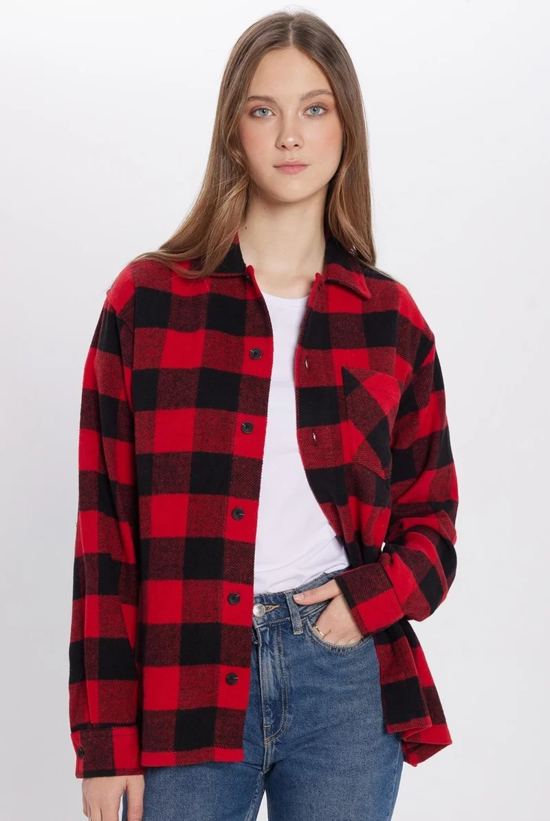 تودورس Relax Fit Casual Cut Single Pocket Checkered Winter Lumberjack Apron Collar Shirt