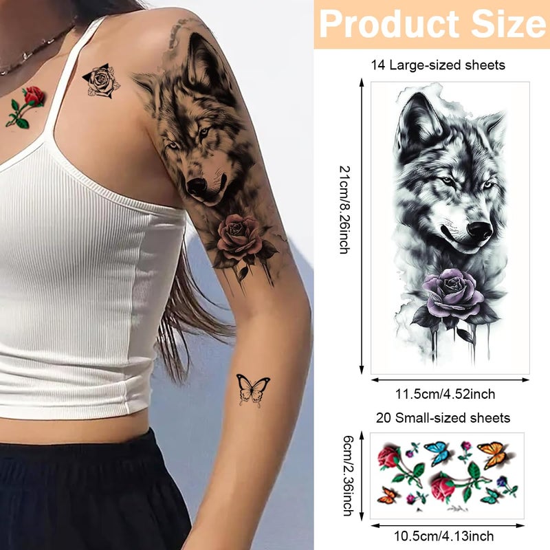 MAYCREATE Temporary Tattoo for Men Women 34 Sheets Large Arm Band Tattoo Sticker 3D Realistic Armband Tattoo Body Half Sleeve Hand Tattoo for Women Assorted Lion Wolf Tiger Skull Fake Tattoos - Image 2