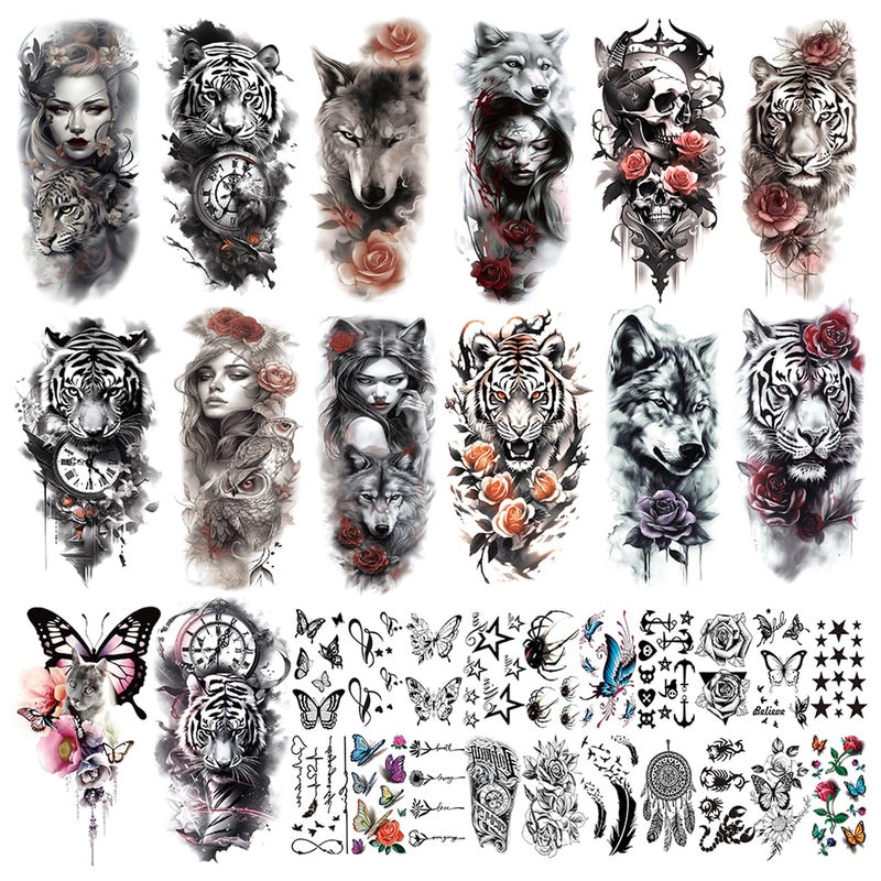 MAYCREATE Temporary Tattoo for Men Women 34 Sheets Large Arm Band Tattoo Sticker 3D Realistic Armband Tattoo Body Half Sleeve Hand Tattoo for Women Assorted Lion Wolf Tiger Skull Fake Tattoos - Image 1