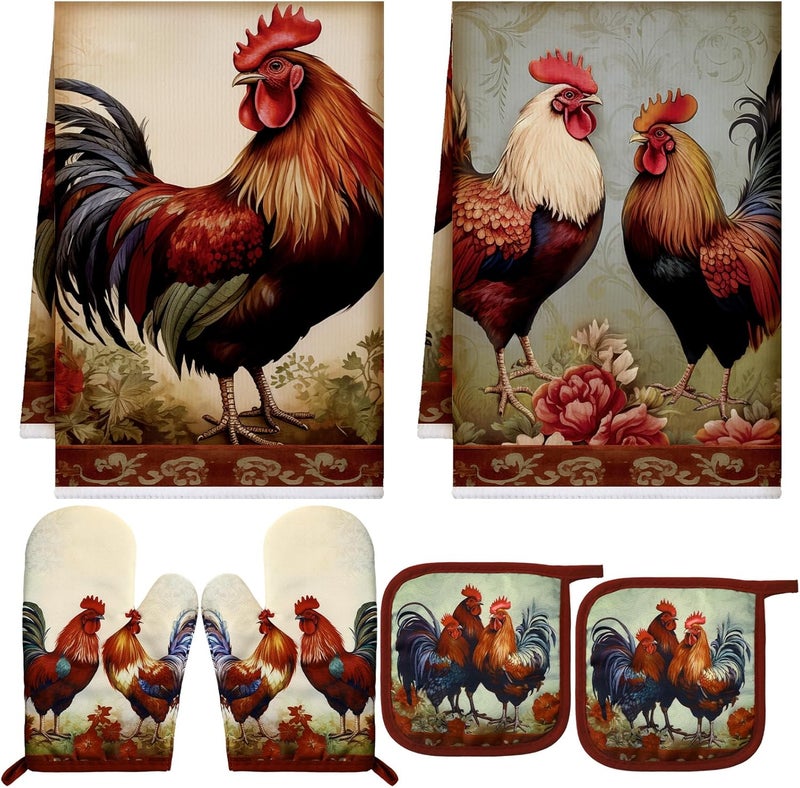 Bencailor Bencailor 6 Pcs Kitchen Decor Pot Holders Oven Mitts 2 Dish Towels 2 Farmhouse Cooking Mittens Oven Glove 2 Potholder for Baking Cooking Grilling Supply AccessoriesRedRetro Rooster - Image 1