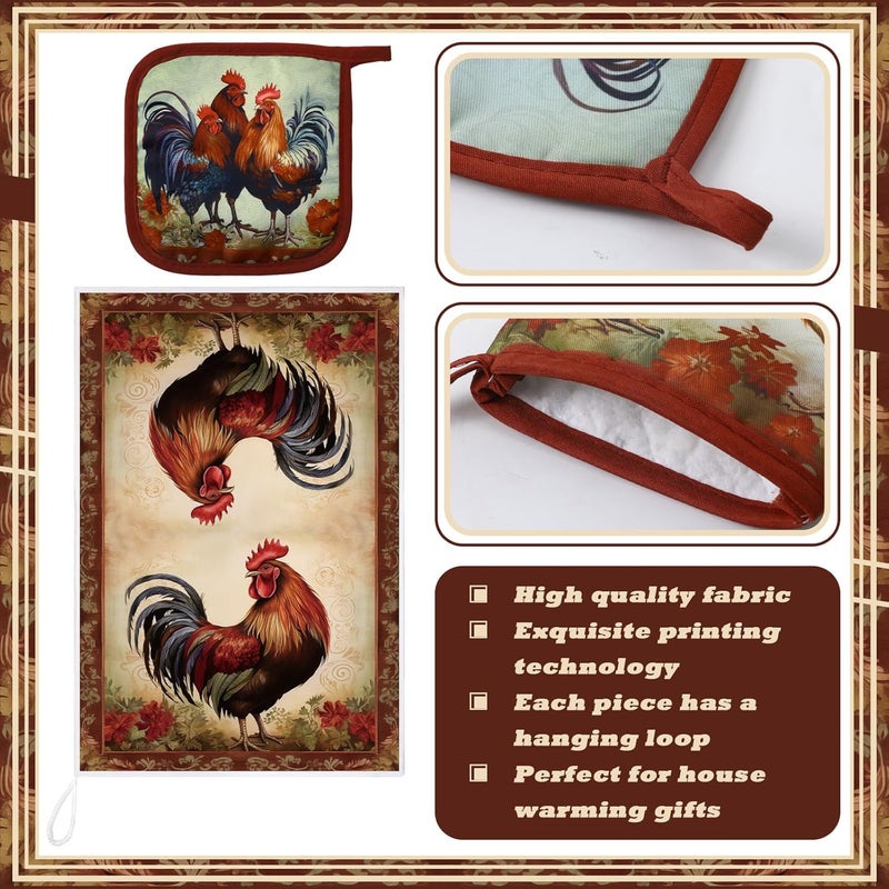 Bencailor Bencailor 6 Pcs Kitchen Decor Pot Holders Oven Mitts 2 Dish Towels 2 Farmhouse Cooking Mittens Oven Glove 2 Potholder for Baking Cooking Grilling Supply AccessoriesRedRetro Rooster - Image 5