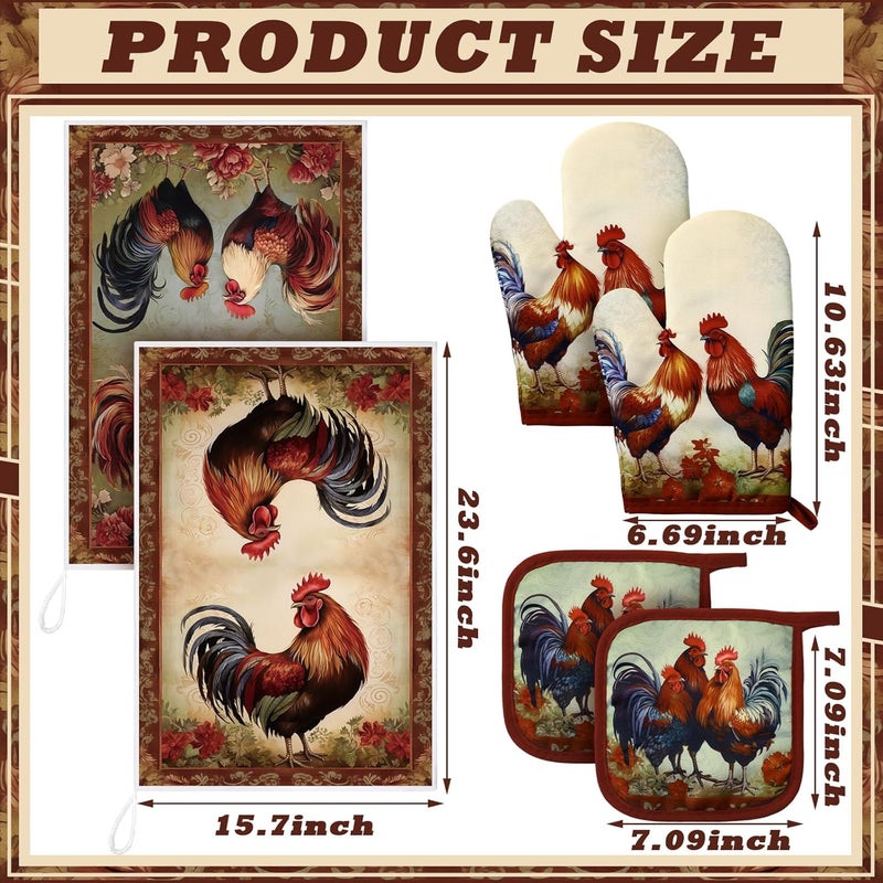 Bencailor Bencailor 6 Pcs Kitchen Decor Pot Holders Oven Mitts 2 Dish Towels 2 Farmhouse Cooking Mittens Oven Glove 2 Potholder for Baking Cooking Grilling Supply AccessoriesRedRetro Rooster - Image 3