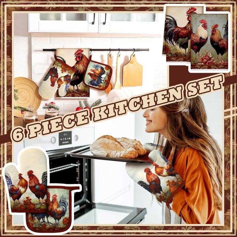 Bencailor Bencailor 6 Pcs Kitchen Decor Pot Holders Oven Mitts 2 Dish Towels 2 Farmhouse Cooking Mittens Oven Glove 2 Potholder for Baking Cooking Grilling Supply AccessoriesRedRetro Rooster - Image 4