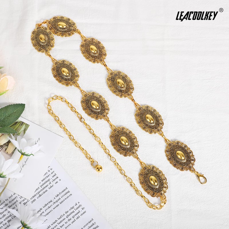 LEACOOLKEY Western Concho Belt for Women Cowgirl Boho Waist Chain Belt for Dresses Jeans Pants Gold - Image 4
