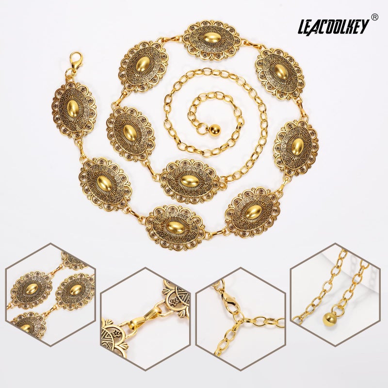 LEACOOLKEY Western Concho Belt for Women Cowgirl Boho Waist Chain Belt for Dresses Jeans Pants Gold - Image 3