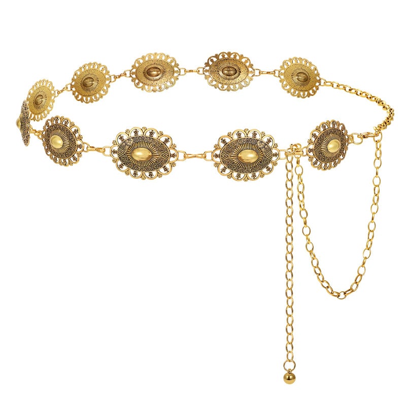 LEACOOLKEY Western Concho Belt for Women Cowgirl Boho Waist Chain Belt for Dresses Jeans Pants Gold - Image 1