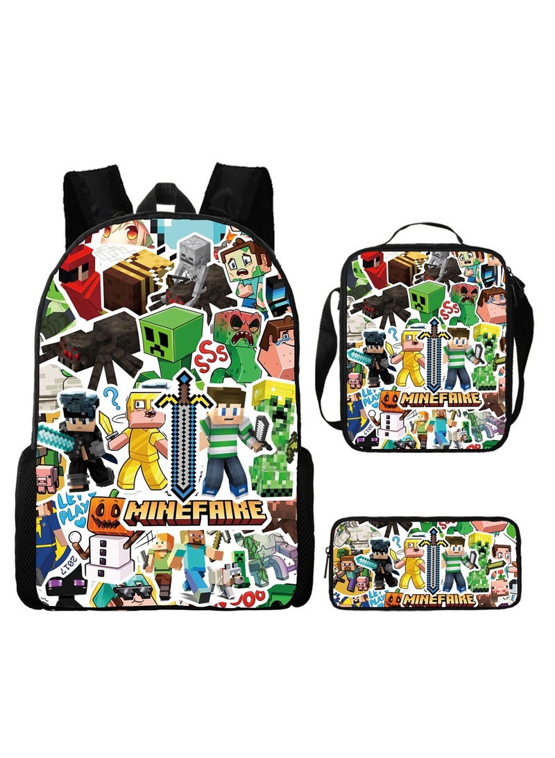 MINECRAFT Digital Printing Large Capacity Backpack Three piece Set Lunch Bag Pen Bag Polyester Comfortable Load Reducing Backpack for Students and Children Unisex - Image 1