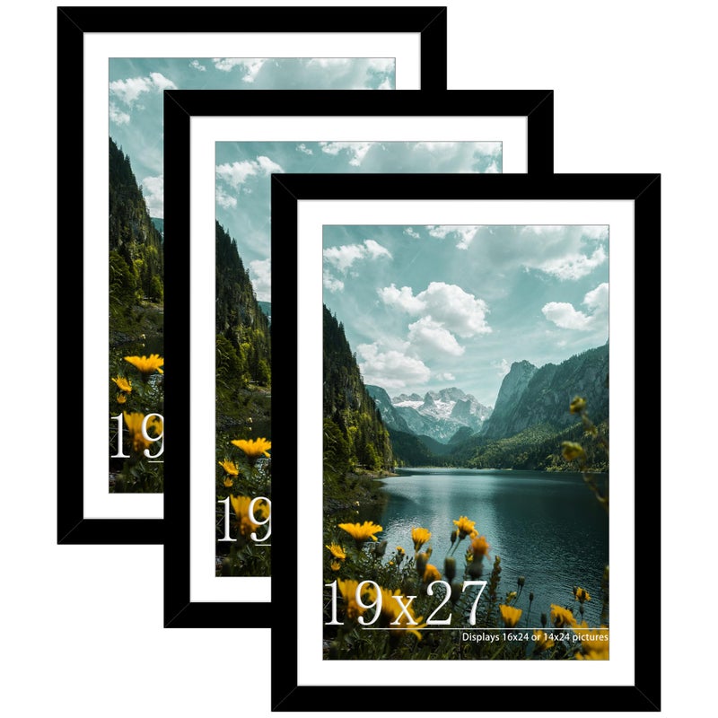 Picrit 19x27 Picture Frame 3 Pack, Black Poster Frame, Display Poster 16 x 24 with Mat or 19 x 27 without Mat for Horizontal or Vertical Wall Mounting - Image 1