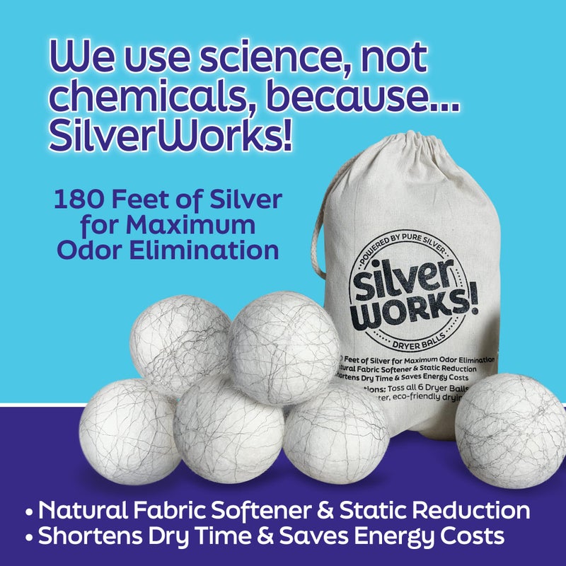 SilverWorks! Wool Dryer Balls Laundry Reusable - Odor Eliminating Dryer Laundry Balls with Silver Technology - Natural Fabric Softener and Static Reducer, Reduce Drying Time and Energy Costs - 6 Pack - Image 2