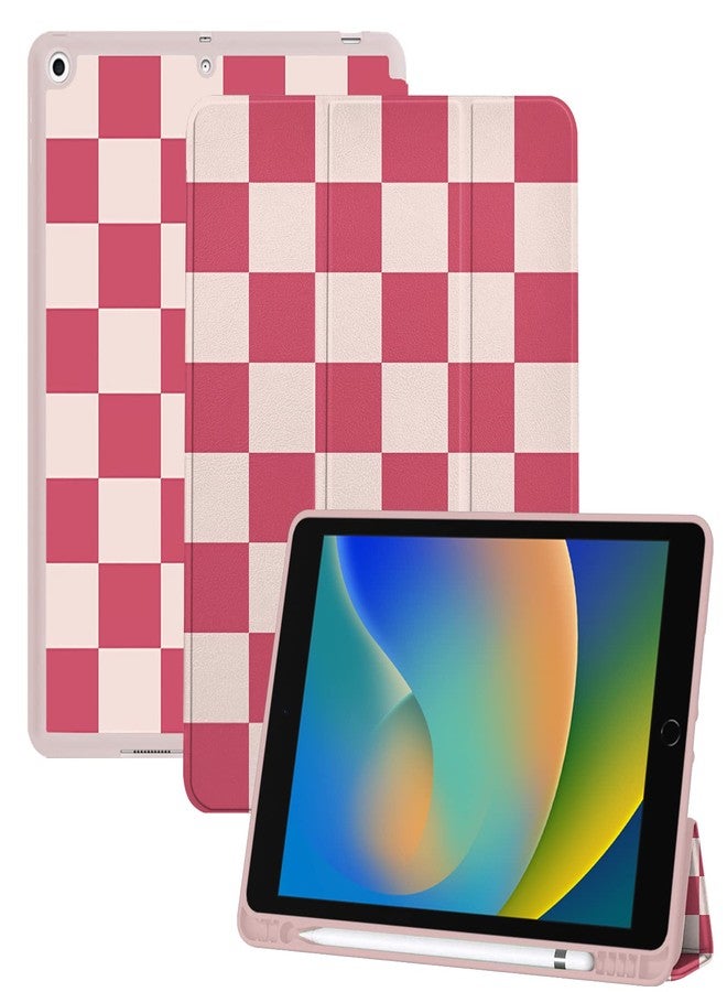 Cabreche Compatible with iPad 10.2 inch Case,9th /8th /7th Generation Case (2021/2020/2019) with Pencil Holder Soft TPU Back Case,Auto Sleep/Wake Cover,Girls Women Luxury-Pink Checkered Plaid Cute - Image 1