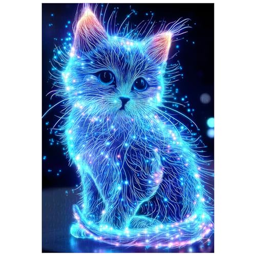 Artinhand Great Jigsaw Puzzles for Adults 300 Pieces Animal Cute Blue Glowing Cat Puzzles for Adults Toys Gift Family Decoration Kids Puzzle - Image 1