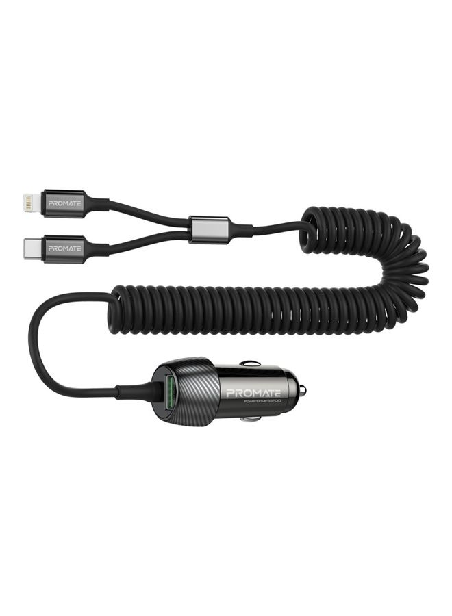 بروميت شاحن سيارة بروميت مع كابل ، شاحن تيار مستمر عالمي بقوة 33 واط مع مقسم USB 3 في 1 مدمج ، كابل ملفوف لشحن Lightning ومنفذ QC 3.0 USB لأجهزة iPhone 13 و Galaxy S22 و PowerDrive-33PDCI أسود - Image 1