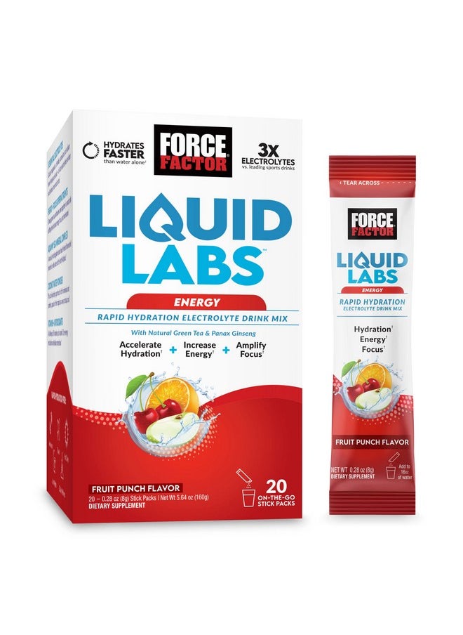 Force Factor Liquid Labs Energy Drink Electrolytes Powder Hydration Packets To Boost Energy & Focus 5 Essential Electrolytes Vitamins Minerals & Antioxidants Fruit Punch Flavor 20 Stick Packs  - Image 1