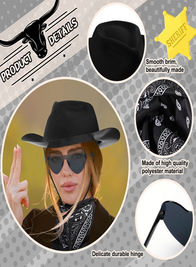 Newcotte 18 Pcs Western Cowboy Plastic Hat Set Include 6 Hats 6 Paisley Bandanas 6 Pairs Heart Glasses for Party(Black) - Image 3