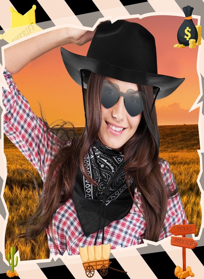 Newcotte 18 Pcs Western Cowboy Plastic Hat Set Include 6 Hats 6 Paisley Bandanas 6 Pairs Heart Glasses for Party(Black) - Image 5