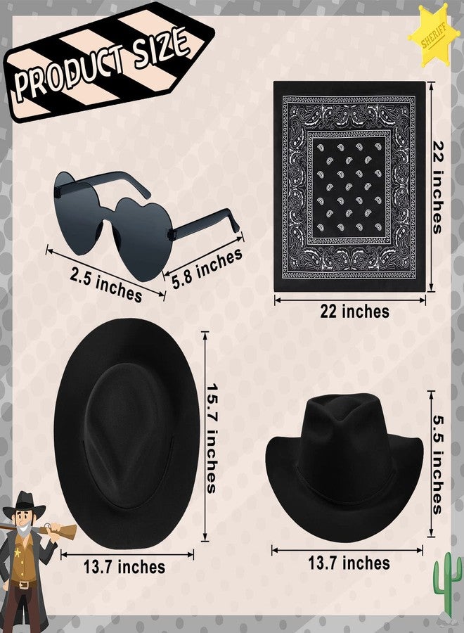 Newcotte 18 Pcs Western Cowboy Plastic Hat Set Include 6 Hats 6 Paisley Bandanas 6 Pairs Heart Glasses for Party(Black) - Image 2