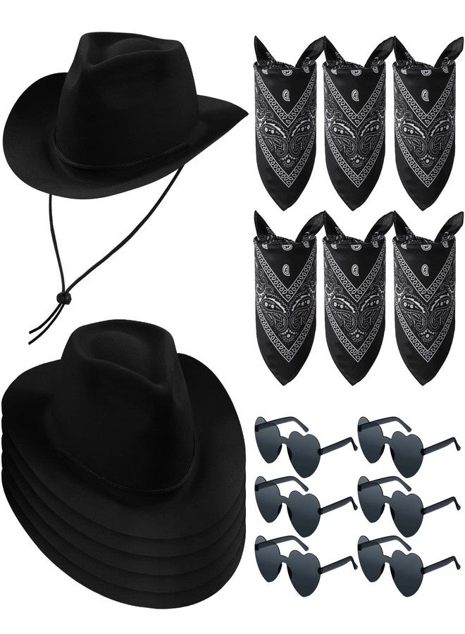 Newcotte 18 Pcs Western Cowboy Plastic Hat Set Include 6 Hats 6 Paisley Bandanas 6 Pairs Heart Glasses for Party(Black) - Image 1