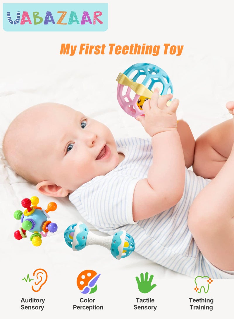 URbazaar 3Pcs Baby Teething Toys, Teething Toys for 3-12 Months Boys Girls, Newborn Baby Toys, Baby Rattles Toys, Sensory Chew Toys, 1 Year Old Baby Shower Gifts - Image 4