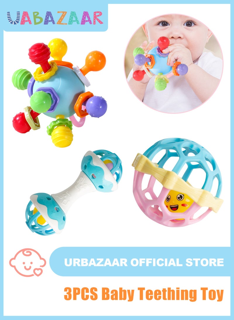 URbazaar 3Pcs Baby Teething Toys, Teething Toys for 3-12 Months Boys Girls, Newborn Baby Toys, Baby Rattles Toys, Sensory Chew Toys, 1 Year Old Baby Shower Gifts - Image 1