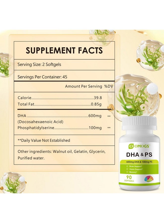 OMOGS Algae DHA - 600 mg Omega-3 DHA Softgels, with Phosphatidylserine & Walnut Oil, Supports Healthy Brain Function, Vision, Eye & Memory, Gluten Free, Non-GMO Vegan Algae Oil, 90 Softgels - Image 2