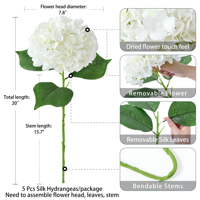 ZYTUYO 5 Pcs White Silk Hydrangeas Aritificial Flower Boho 20'' Faux Dried Touch Hydrangeas for Spring Indoor Home Decor Kitchen Living Room Porch Outdoor Wedding Flower Arrangement - Image 4