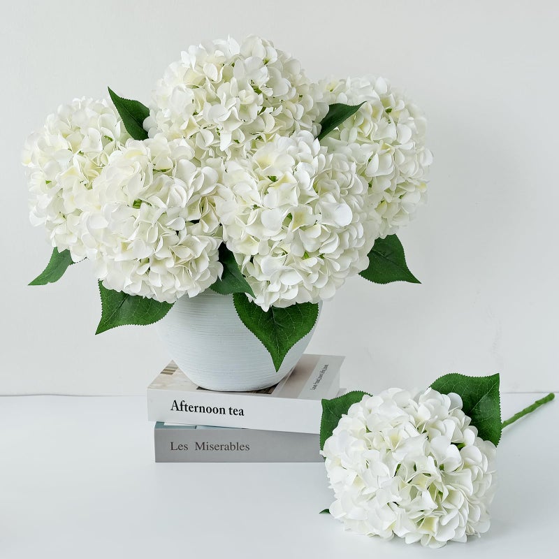 ZYTUYO 5 Pcs White Silk Hydrangeas Aritificial Flower Boho 20'' Faux Dried Touch Hydrangeas for Spring Indoor Home Decor Kitchen Living Room Porch Outdoor Wedding Flower Arrangement - Image 1