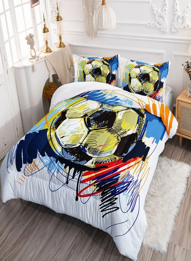 BSNTHO Soccer Comforter Set Boys Sports Bedding Set Twin Size for Kids Teens Hand Drawn Football Graffiti Style Comforter Design 3 Piece with 1 Comforter 2 Pillowcases - Image 2