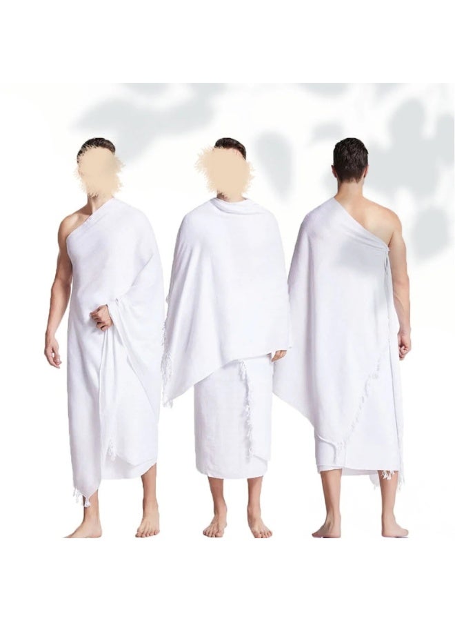 العثيمان إحرام رجالي للحج والعمرة قطعتين منشفة مايكروفايبر ناعمة 1000 جرام سريع الجفاف قابل للتنفس مقاس كبير 210×105 سم أبيض خفيف للسفر - Image 3