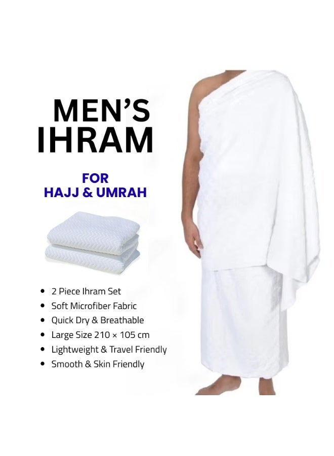 العثيمان إحرام رجالي للحج والعمرة قطعتين منشفة مايكروفايبر ناعمة 1000 جرام سريع الجفاف قابل للتنفس مقاس كبير 210×105 سم أبيض خفيف للسفر - Image 1