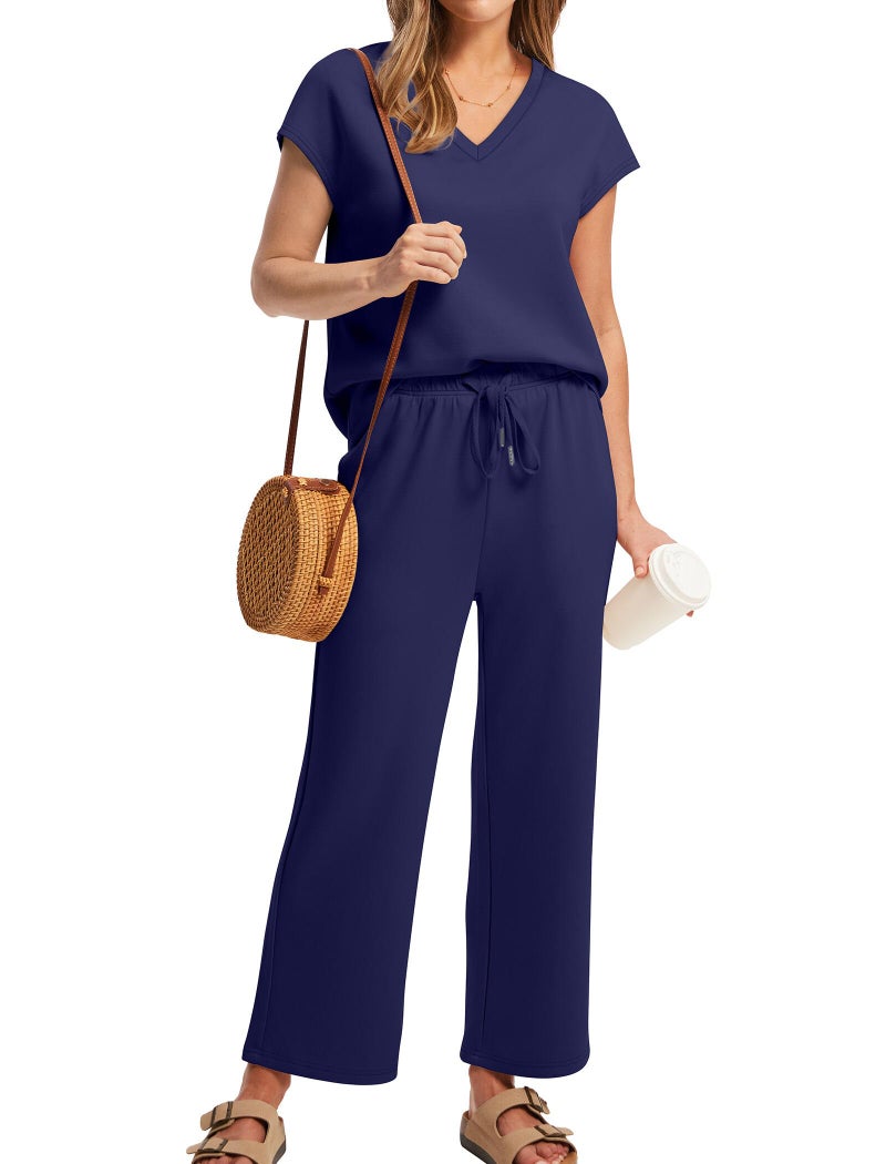 Saloogoe Two Piece Outfits for Women 2026 Fashion Lounge Sets Wide Leg Pants 2 Piece Summer Outfits Sleeveless V Neck Tops Matching Sets Vacation Tracksuit Dark Blue M - Image 2