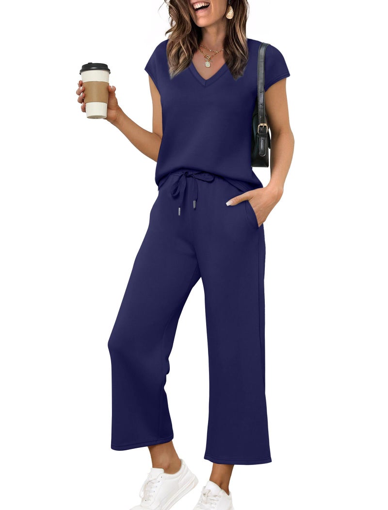 Saloogoe Two Piece Outfits for Women 2026 Fashion Lounge Sets Wide Leg Pants 2 Piece Summer Outfits Sleeveless V Neck Tops Matching Sets Vacation Tracksuit Dark Blue M - Image 1