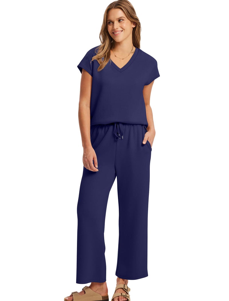 Saloogoe Two Piece Outfits for Women 2026 Fashion Lounge Sets Wide Leg Pants 2 Piece Summer Outfits Sleeveless V Neck Tops Matching Sets Vacation Tracksuit Dark Blue M - Image 3