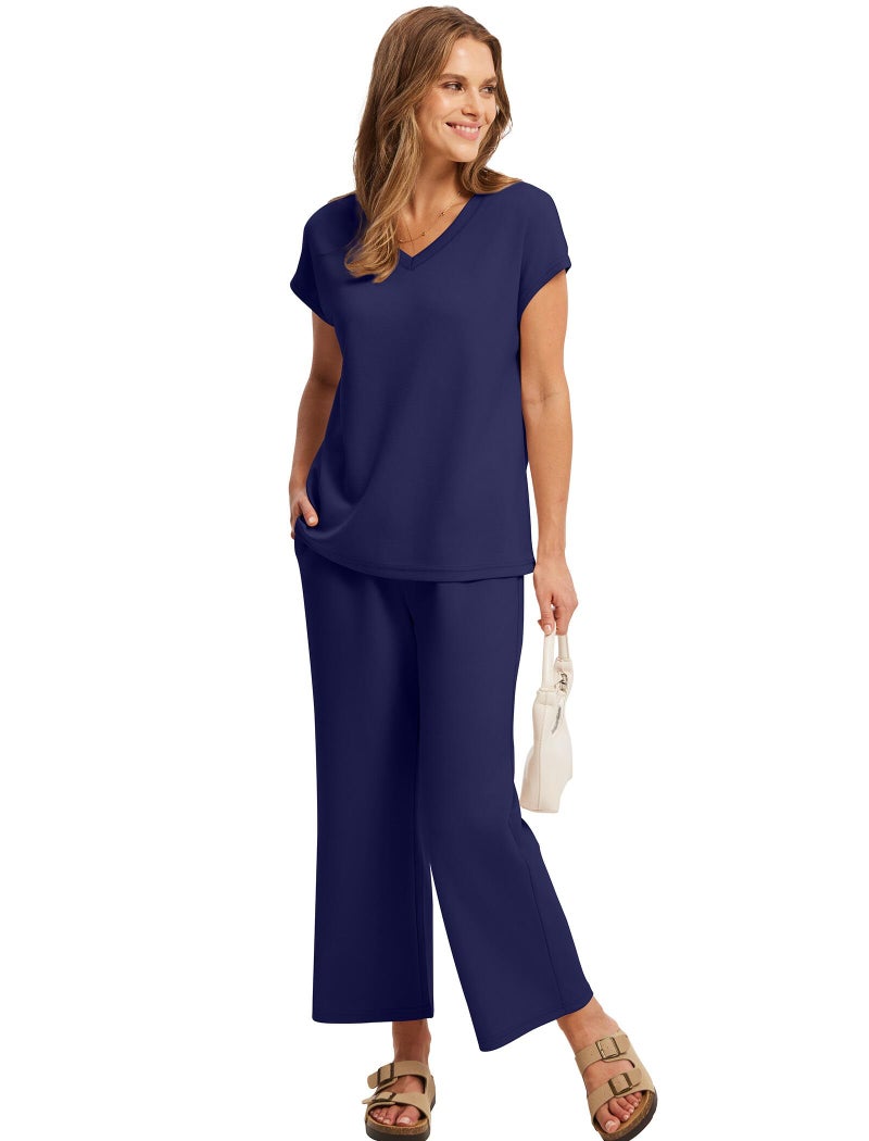 Saloogoe Two Piece Outfits for Women 2026 Fashion Lounge Sets Wide Leg Pants 2 Piece Summer Outfits Sleeveless V Neck Tops Matching Sets Vacation Tracksuit Dark Blue M - Image 4