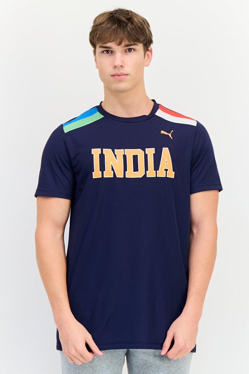 PUMA تي شيرت تدريب قصير الأكمام للرجال بتصميم ضيق، أزرق داكن - Image 1