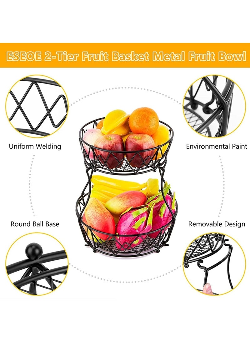 2-Tier Fruit Basket Storage Rack,Detachable Fruit Storage Basket for Home Kitchen Bathroom Office(Black)