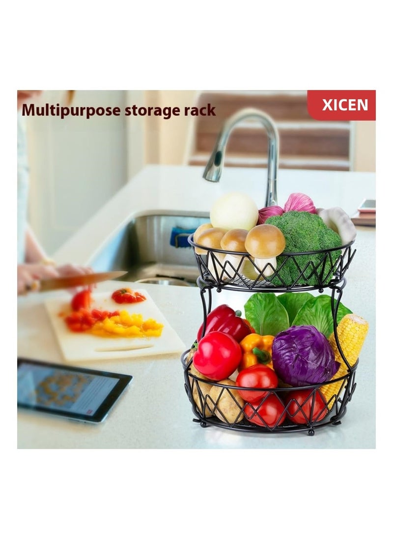 2-Tier Fruit Basket Storage Rack,Detachable Fruit Storage Basket for Home Kitchen Bathroom Office(Black)