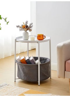 Folding End Table 2-Tier Metal Round Side Table with Removable Tray for Living Room