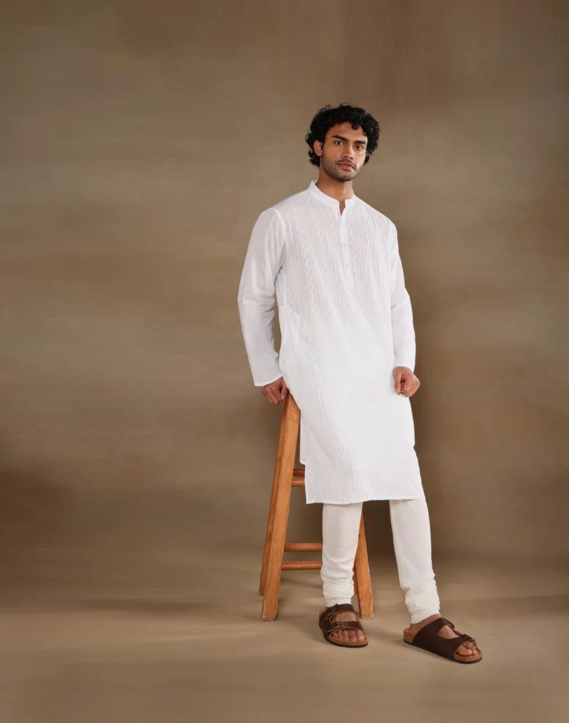 Fabindia White Cotton Chikankari Long Kurta