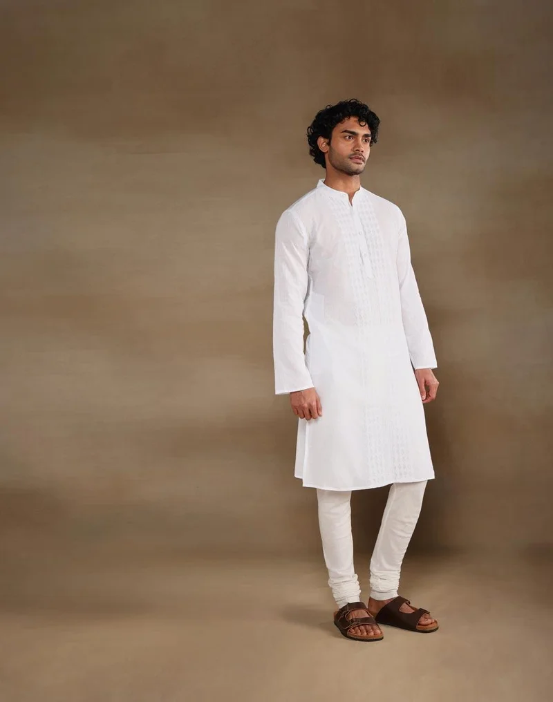 Fabindia  White Cotton Chikankari Long Kurta for Men | Best Price UAE
