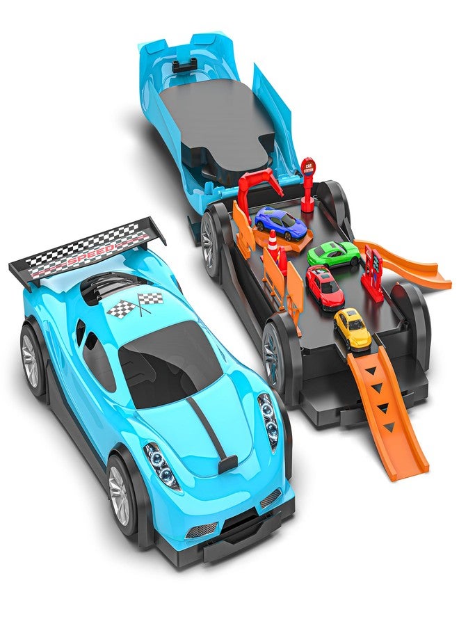 Mirana Car-in-Car Garage Toy for Kids | 4 Diecast Metal Alloy Cars Playset | Foldable Storage with Handle | Store Upto 16 Vehicles | Birthday & Diwali Gift for Boys & Girls 18+ Months (Sky Blue) - Image 1
